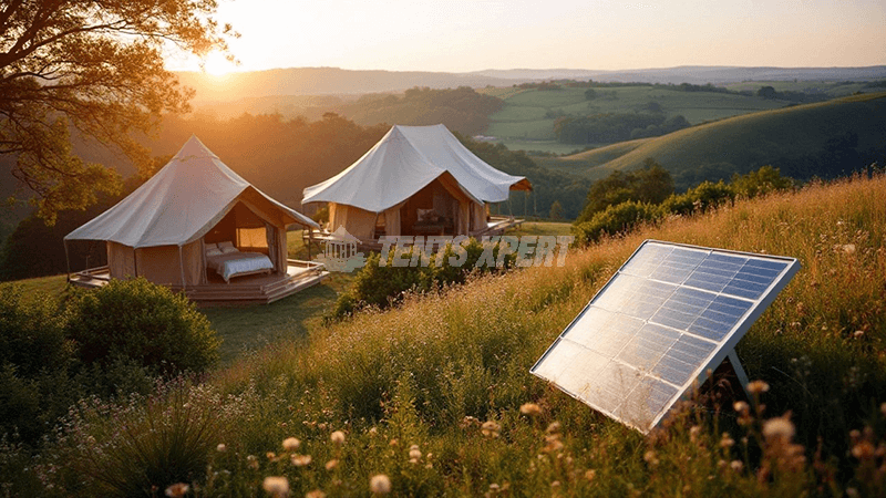 Luxury tents and solar panel under the sunset